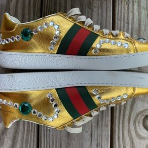 Gucci 2017 Ace Jeweled Metallic Leather Sneakers